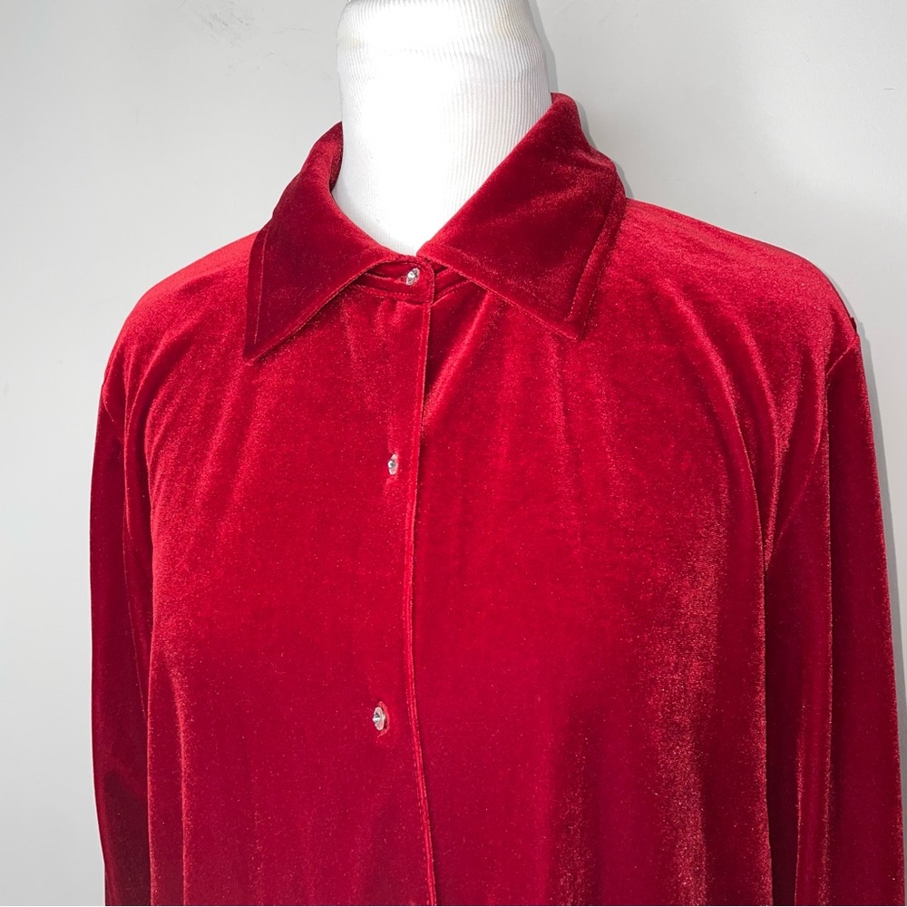 Jones New York Red Velvet Jeweled Rhinestones Buttons Shirt XL Holiday - Picture 2 of 15